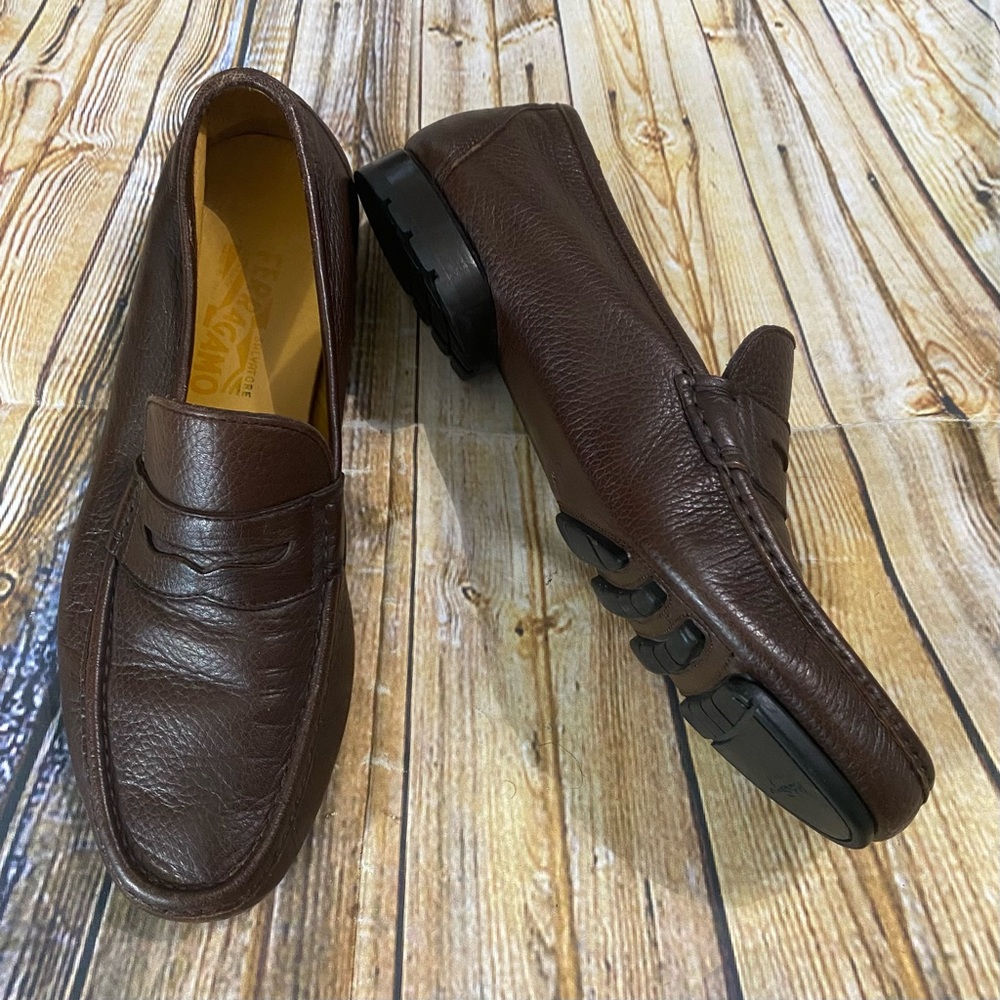 Salvatore Ferragamo Dark Brown Pebbled Leather Penny Loafers